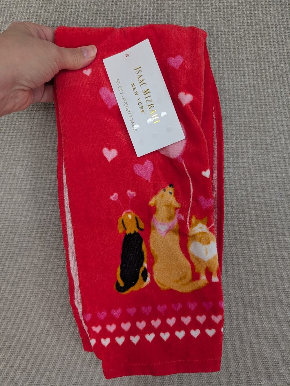 NEW Isaac Mizrahi New York 2 Pk Kitchen Towels Dog Heart Valentine's Day Love
